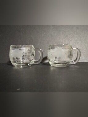 Set of 2 Vintage Nestle Co Inc Etched Glass World Globe Coffee Mugs, WTC 1974